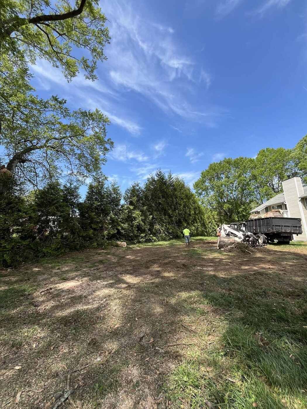 Bucket truck removing a tree beside a two-story Greensboro home